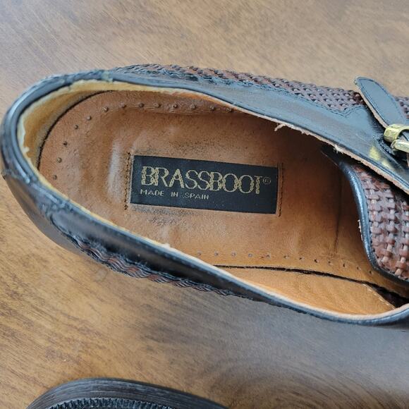 Brass Boot Mens Shoes 10 Brown Black Braided Leather Cap Toe Monk Strap Loafer - Picture 9 of 16